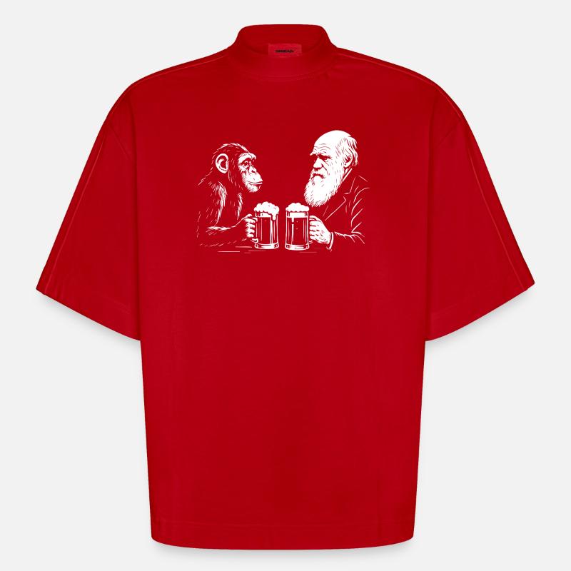 Charles Darwin trinkt Bier mit Affe - Heavyweight Oversized Organic Boxy T-Shirt Made in EU - Rot
