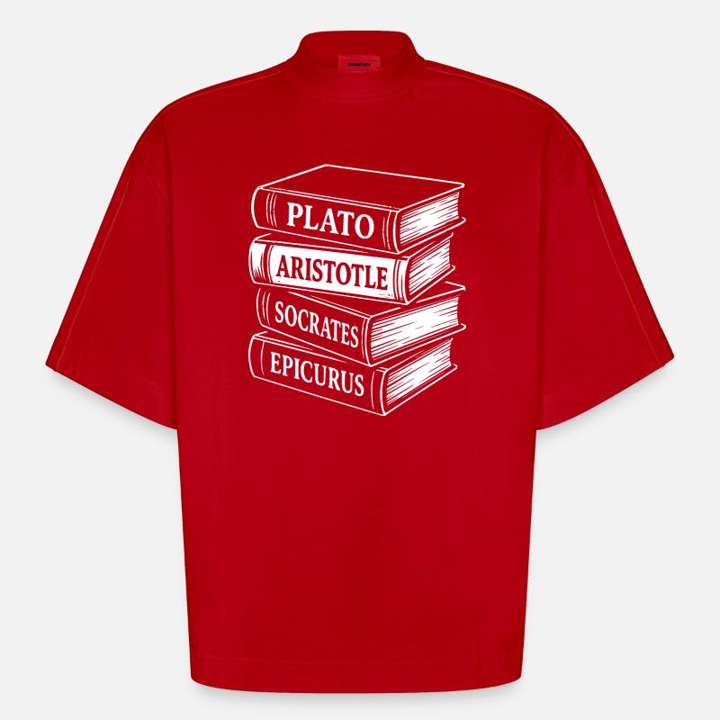 Classical Philosophers Book Stack Design - Heavyweight Oversized Organic Boxy T-Shirt Made in EU - red