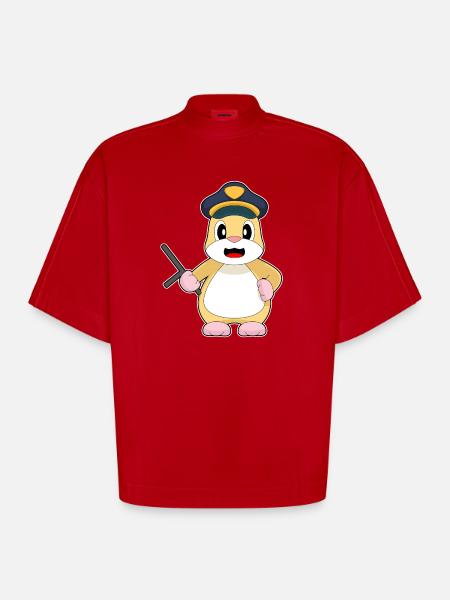 Hamster Policeman Baton Police - Heavyweight Oversized Organic Boxy T-Shirt Made in EU - red