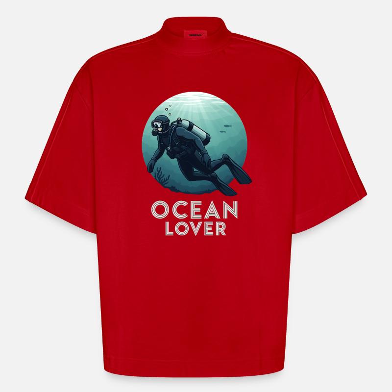 Plongeur amoureux de l’océan - T-shirt bio épais oversize Boxy fabriqué en UE - rouge