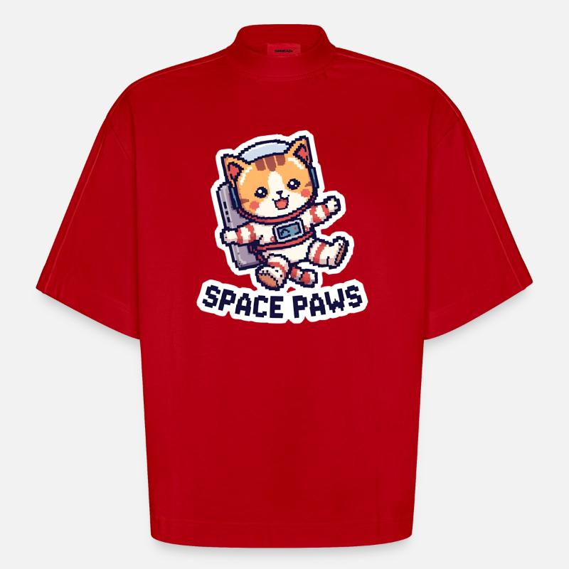 Space Paws – Pixel Cat in Space - Heavyweight Oversized Organic Boxy T-Shirt Made in EU - Rot