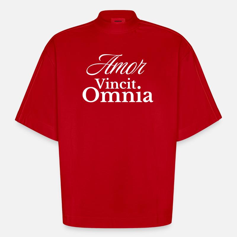 Amor Vincit Omnia Script - Heavyweight Oversized Organic Boxy T-Shirt Made in EU - red