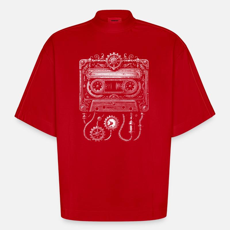 Steampunk Cassette Clockwork - Heavyweight Oversized Organic Boxy T-Shirt Made in EU - red
