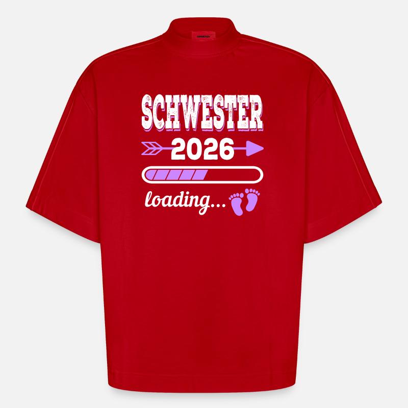 Schwester 2026 Loading Geburt Geschenkidee - Heavyweight Oversized Organic Boxy T-Shirt Made in EU - Rot