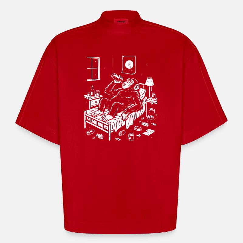 Bedtime Monkey Drinking Nightcap - Heavyweight Oversized Organic Boxy T-Shirt Made in EU - red
