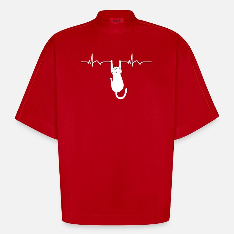 Katze EKG Herzfrequenz Herzschlag - Heavyweight Oversized Organic Boxy T-Shirt Made in EU - Rot