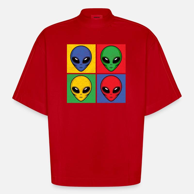 Aliens Pop-Art Popart Alienköpfe Aliengesichter - Heavyweight Oversized Organic Boxy T-Shirt Made in EU - Rot