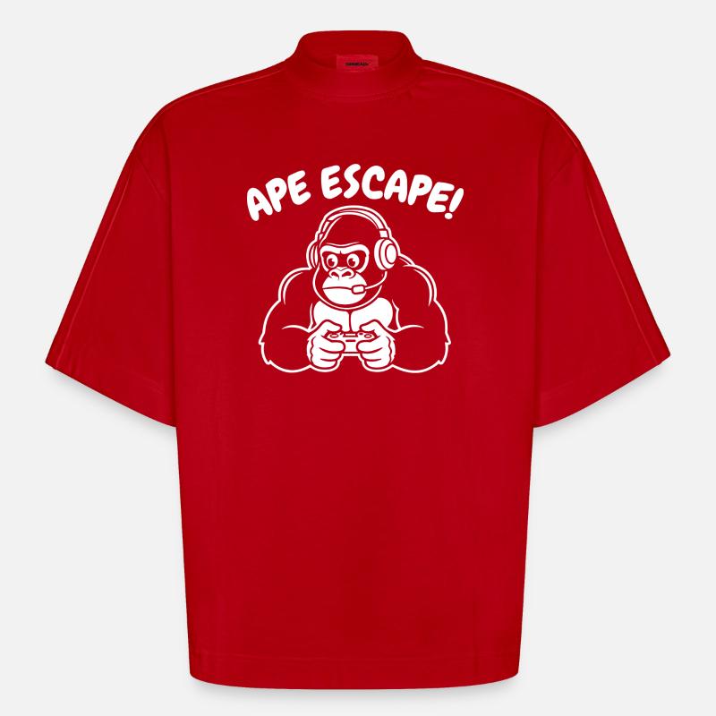 Monkey Gamer with Headset Controller - Heavyweight Oversized Organic Boxy T-Shirt Made in EU - red