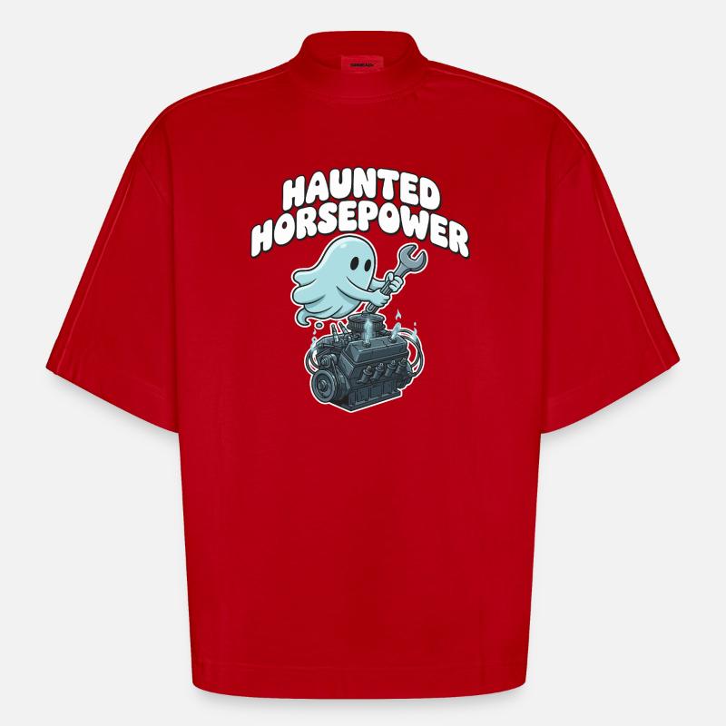 Dessin animé Ghost Engine Hanting Engine - T-shirt bio épais oversize Boxy fabriqué en UE - rouge