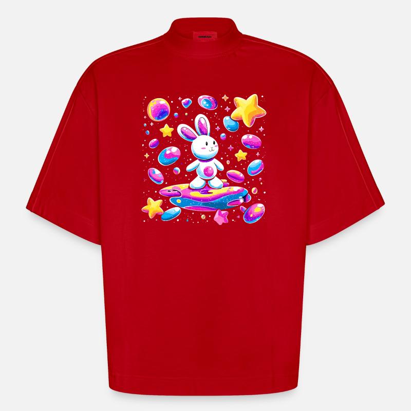 Galactic Rabbit on Surfboard - Heavyweight Oversized Organic Boxy T-Shirt Made in EU - red