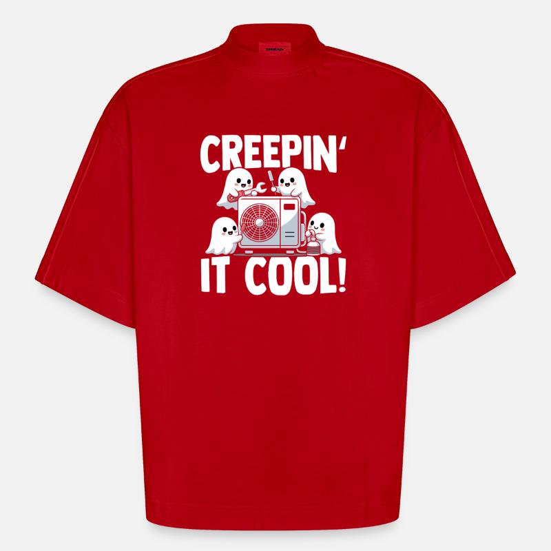 Technicien climatiseur Spooky Ghost CVAC - T-shirt bio épais oversize Boxy fabriqué en UE - rouge