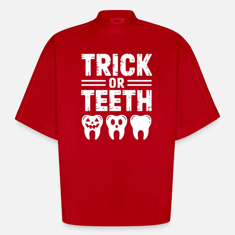 Trick oder Teeth Halloween-T-Shirt - Heavyweight Oversized Organic Boxy T-Shirt Made in EU - Rot