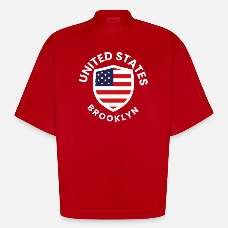 Brooklyn USA Shield avec drapeau - T-shirt bio épais oversize Boxy fabriqué en UE - rouge
