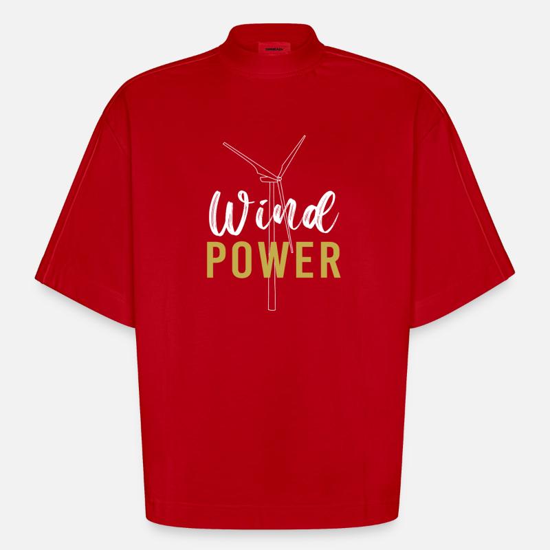 Éolienne, énergie éolienne, énergie éolienne - T-shirt bio épais oversize Boxy fabriqué en UE - rouge