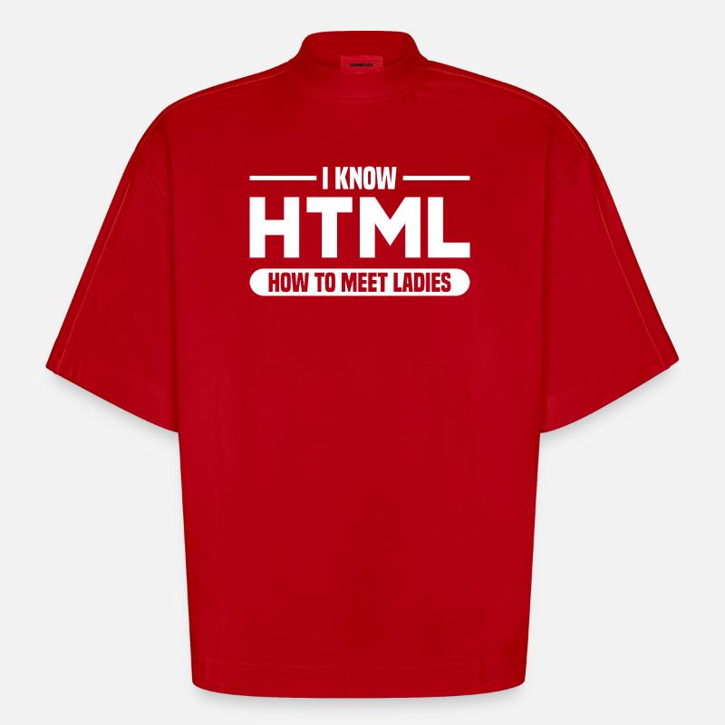 Programmation HTML d’humour disant - T-shirt bio épais oversize Boxy fabriqué en UE - rouge