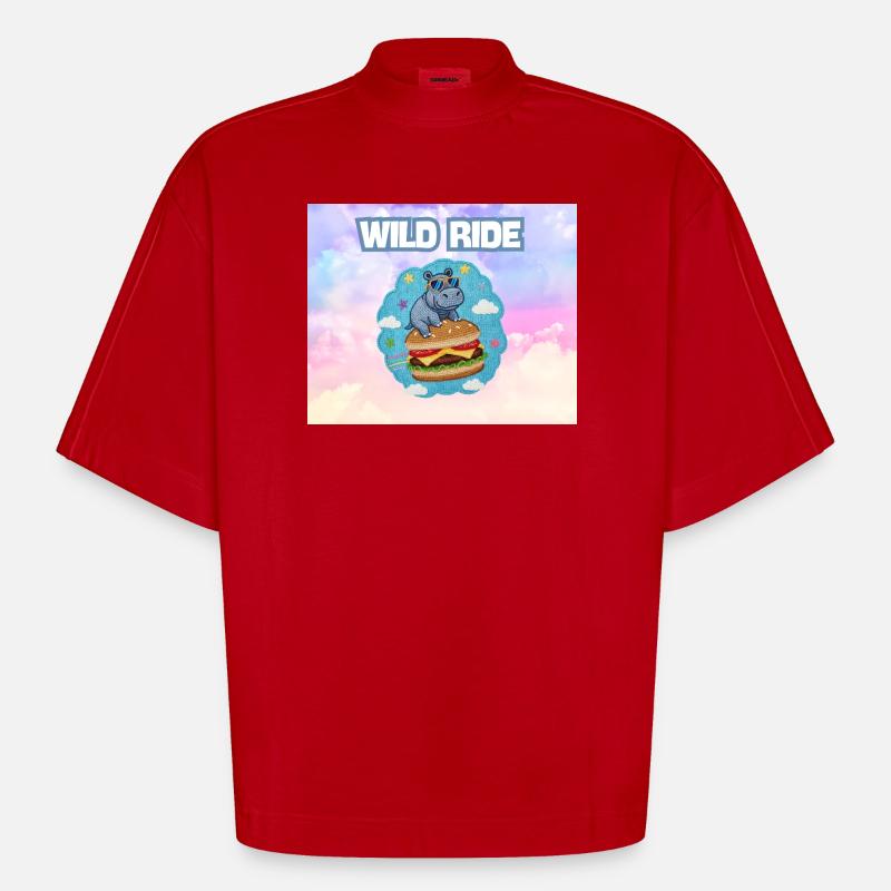 Wild Ride Hippo Burger Patch - Heavyweight Oversized Organic Boxy T-Shirt Made in EU - red