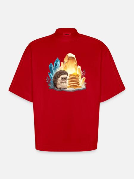 Hedgehog with pancakes in crystal cave - Heavyweight Oversized Organic Boxy T-Shirt Made in EU - red