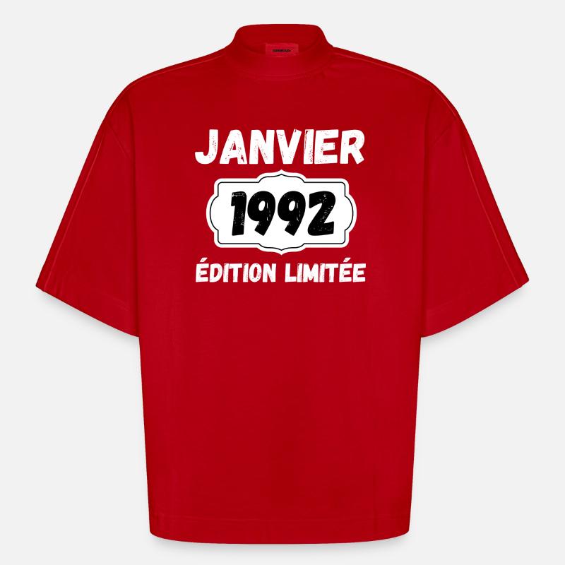 Janvier 1992 Édition Limitée Anniversaire - T-shirt bio épais oversize Boxy fabriqué en UE - rouge