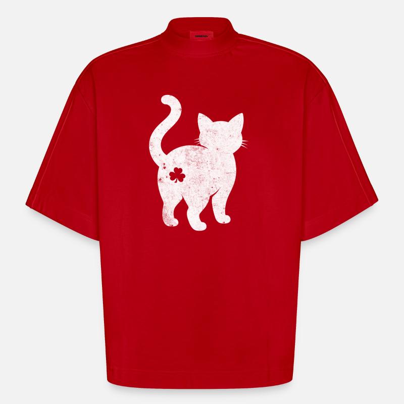 Silhouette de chat avec trèfle - T-shirt bio épais oversize Boxy fabriqué en UE - rouge