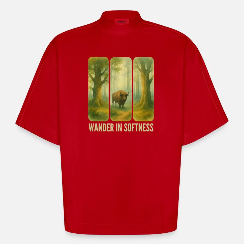 Bisons errants dans la forêt - T-shirt bio épais oversize Boxy fabriqué en UE - rouge