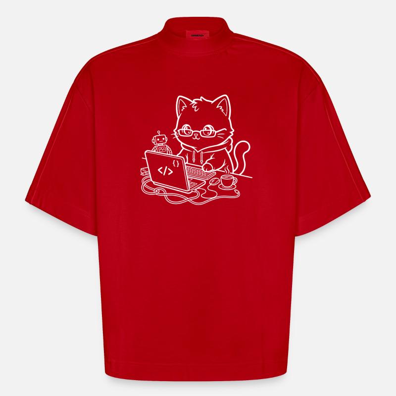 Coder Kawaii Cat Programmer - Heavyweight Oversized Organic Boxy T-Shirt Made in EU - red