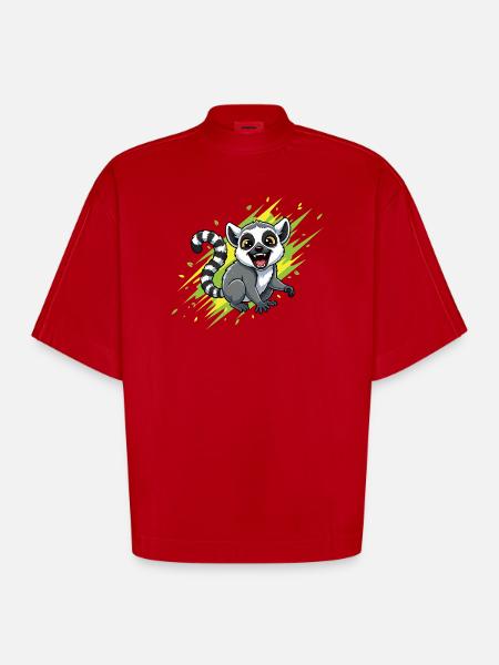 Cheerful lemur with beam background - Heavyweight Oversized Organic Boxy T-Shirt Made in EU - red