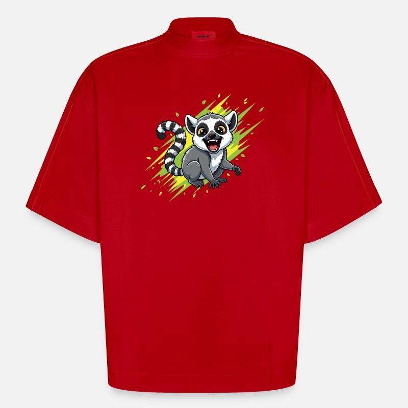 Fröhlicher Lemur mit Strahlenhintergrund - Heavyweight Oversized Organic Boxy T-Shirt Made in EU - Rot