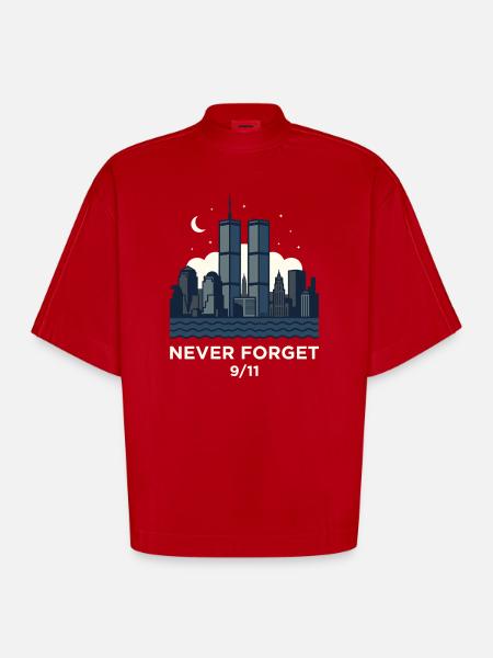 Never Forget 9/11 Skyline Night - Heavyweight Oversized Organic Boxy T-Shirt Made in EU - red