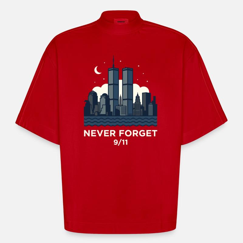 Never Forget 9/11 Skyline Night - Heavyweight Oversized Organic Boxy T-Shirt Made in EU - red