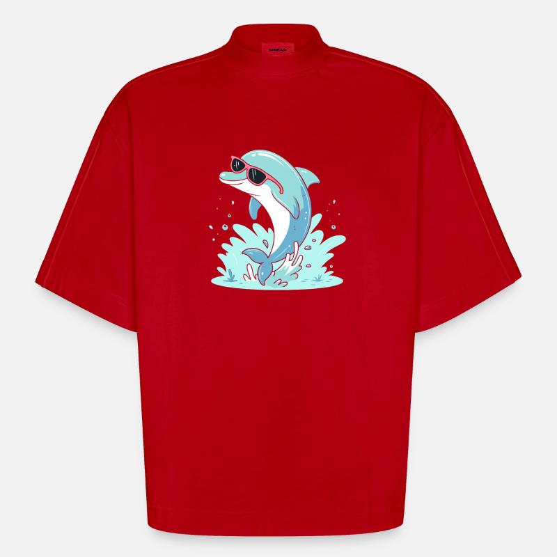 Dolphin Summer Pink Glasses - Heavyweight Oversized Organic Boxy T-Shirt Made in EU - red