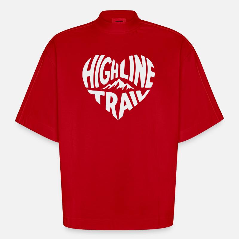 Highline Trail Mountain Trail Logo - T-shirt bio épais oversize Boxy fabriqué en UE - rouge