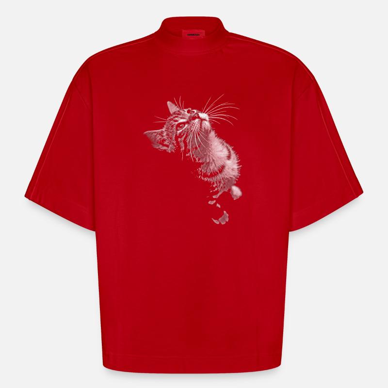 Grayscale Cat Purring Look - Heavyweight Oversized Organic Boxy T-Shirt Made in EU - red