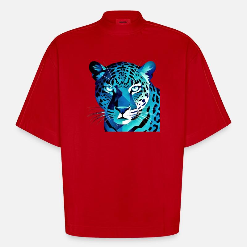 Fluorescerende geometrisk blå leopard - Heavyweight oversized organic boxy T-shirt made in EU - rød