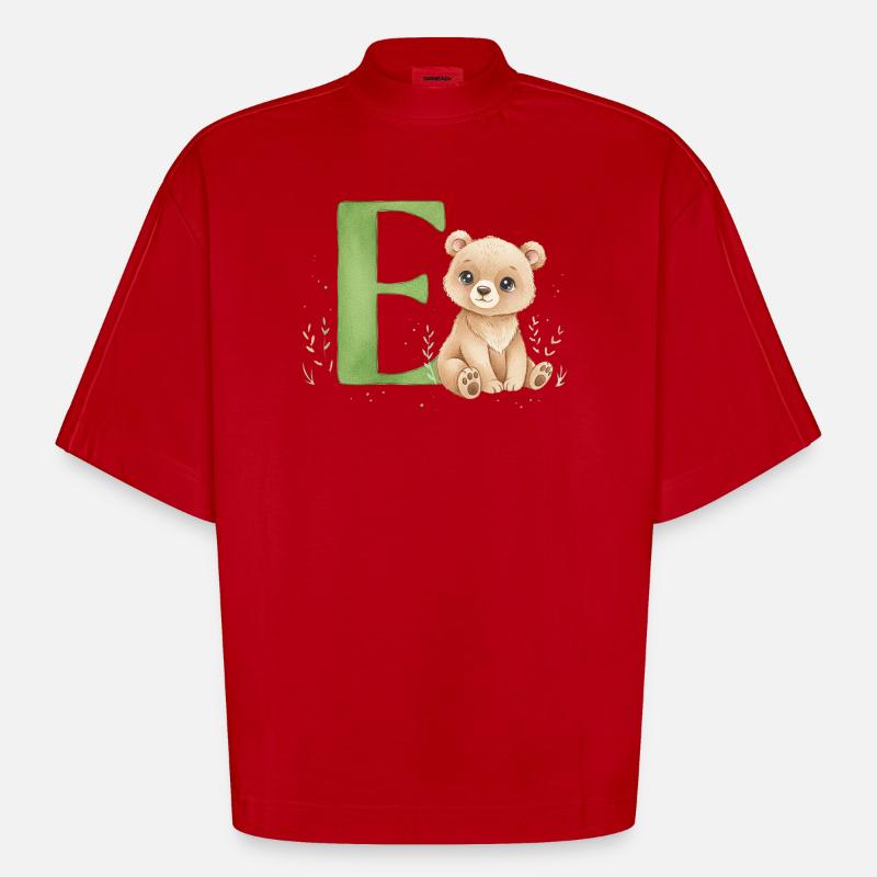 E mit Teddy: Verspielter Buchstabe E - Heavyweight Oversized Organic Boxy T-Shirt Made in EU - Rot