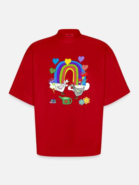Children's Fantasy Rainbow Flowers Chickens - Heavyweight Oversized Organic Boxy T-Shirt Made in EU - red