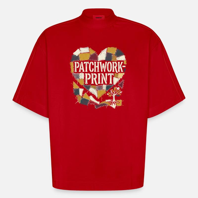 Impression patchwork - T-shirt bio épais oversize Boxy fabriqué en UE - rouge
