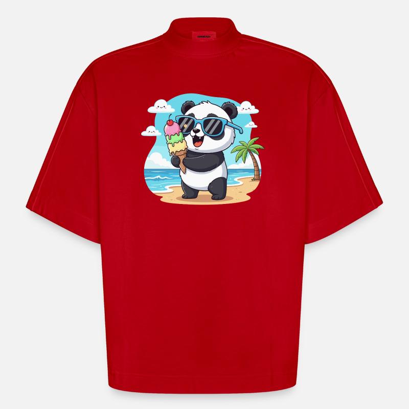 Panda am Strand mit Eiscreme - Heavyweight Oversized Organic Boxy T-Shirt Made in EU - red