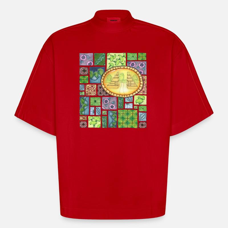 Bali temple on pattern patchwork - Heavyweight Oversized Organic Boxy T-Shirt Made in EU - Rot