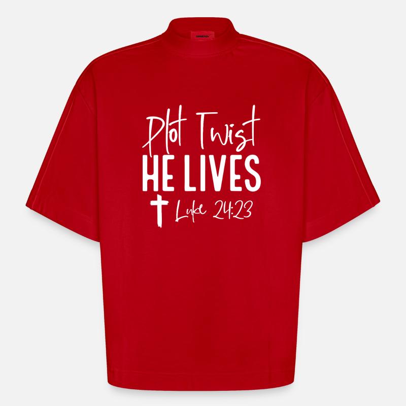 Plot-Twist: Er lebt Lukas 24,23 - Heavyweight Oversized Organic Boxy T-Shirt Made in EU - Rot