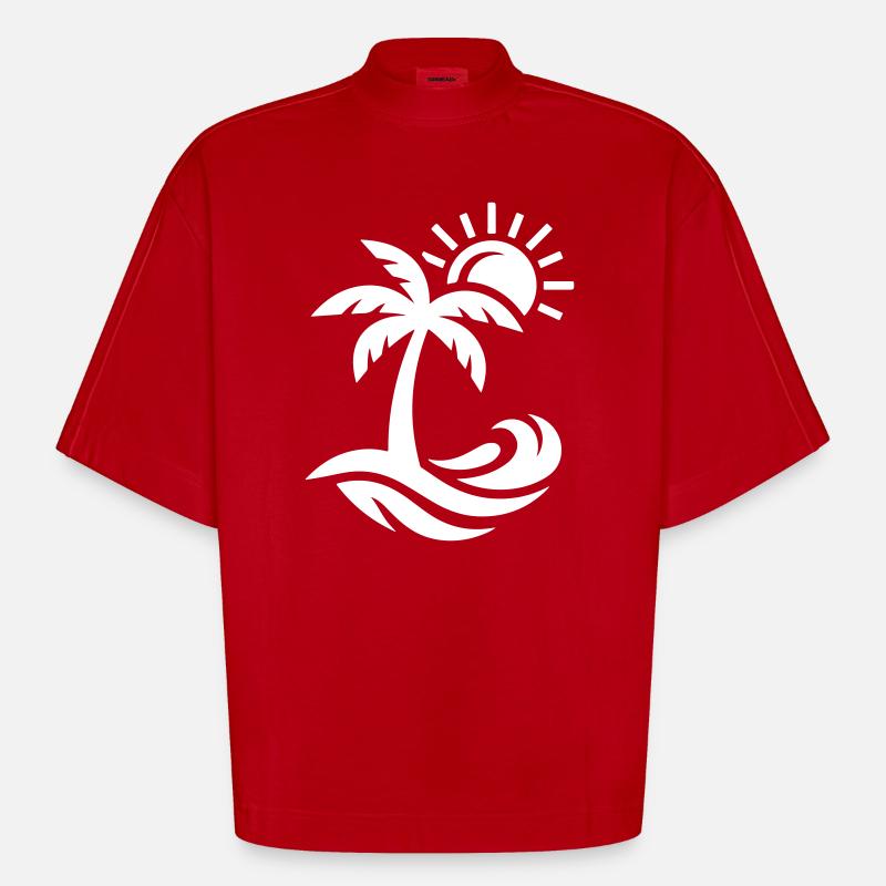 Océan Palm Tree Beach - T-shirt bio épais oversize Boxy fabriqué en UE - rouge