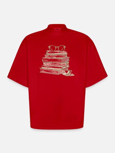 Stack of books with glasses - Heavyweight Oversized Organic Boxy T-Shirt Made in EU - red