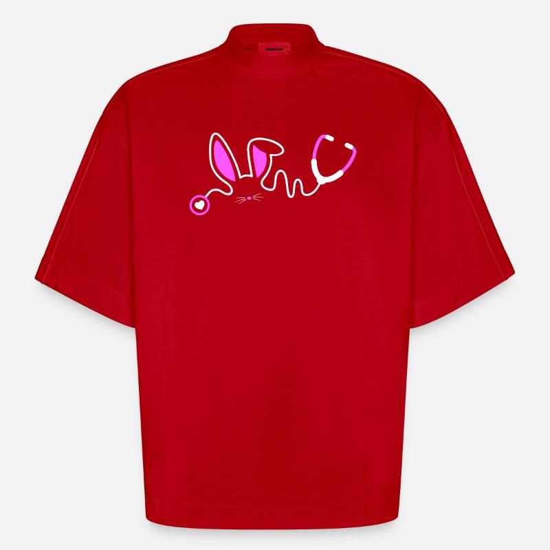 Stethoscope Bunny Whimsy - Heavyweight Oversized Organic Boxy T-Shirt Made in EU - red