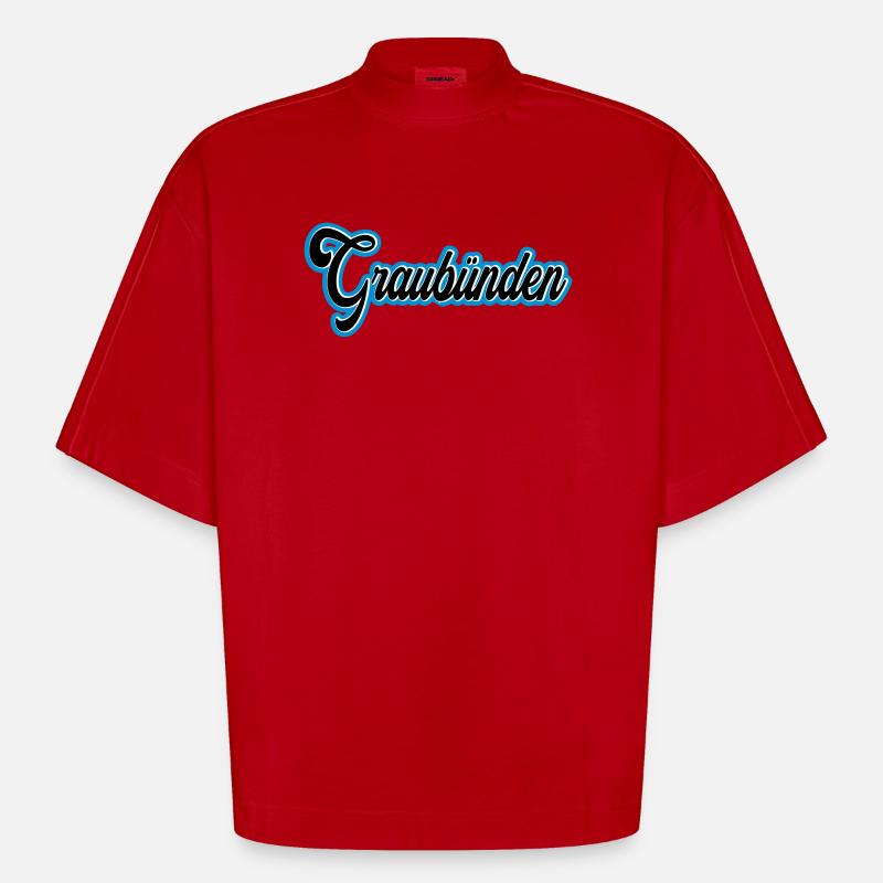 Graubünden Script with Blue Outline - Heavyweight Oversized Organic Boxy T-Shirt Made in EU - red