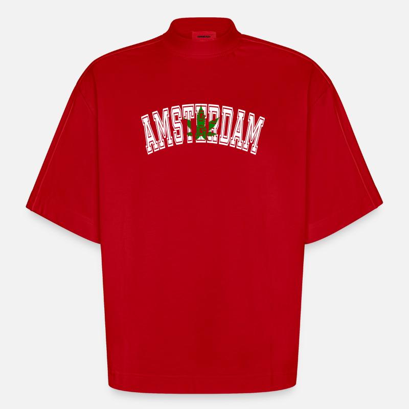 Amsterdam Design mit Cannabisblatt - Heavyweight Oversized Organic Boxy T-Shirt Made in EU - Rot