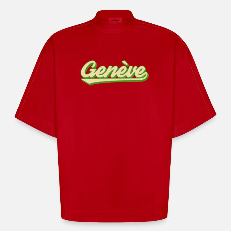 Genève Retro Script Lime - T-shirt bio épais oversize Boxy fabriqué en UE - rouge