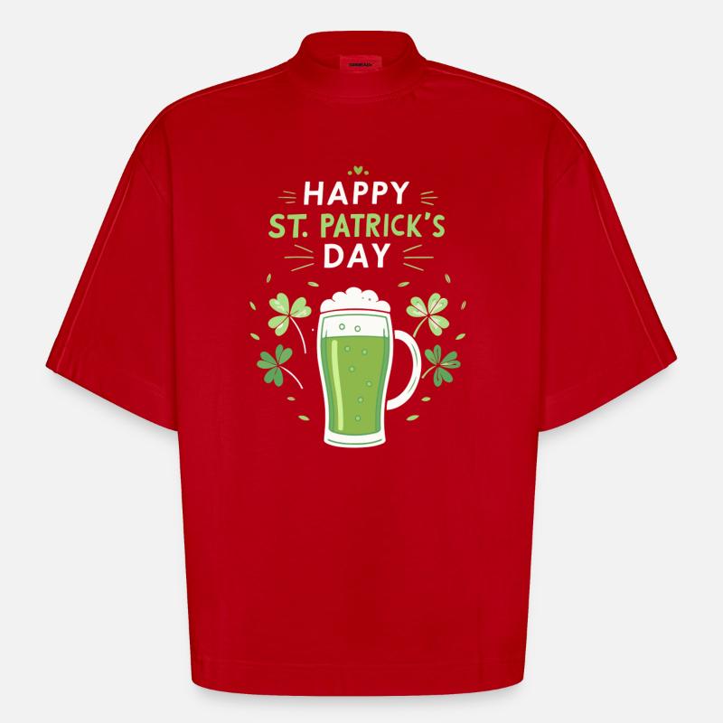 Verre vert Saint-Patrick et trèfles - T-shirt bio épais oversize Boxy fabriqué en UE - rouge