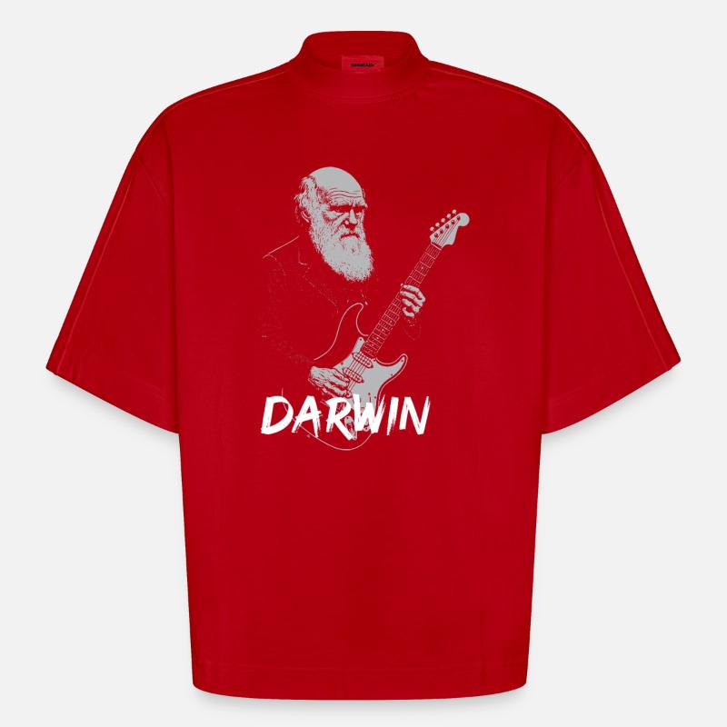 Darwin jouant de la guitare Evolution - T-shirt bio épais oversize Boxy fabriqué en UE - rouge