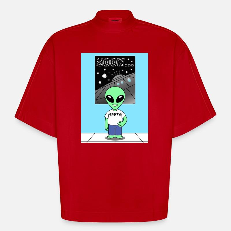 Alien devant le vaisseau spatial Terre - T-shirt bio épais oversize Boxy fabriqué en UE - rouge