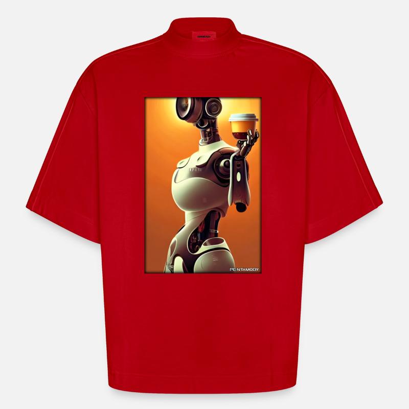 Robot Coffee Future Science Machine - T-shirt bio épais oversize Boxy fabriqué en UE - rouge