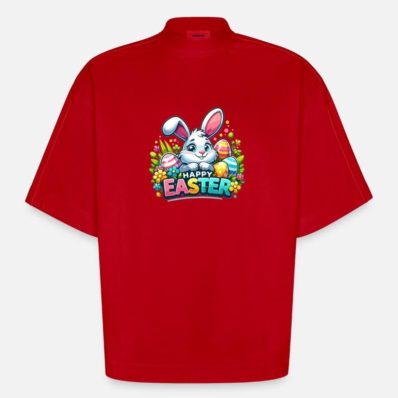 Happy Easter - Easter Bunny Illustration - Heavyweight Oversized Organic Boxy T-Shirt Made in EU - red